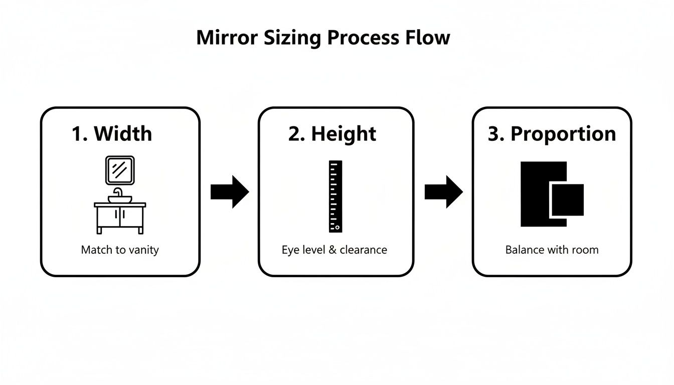 A flowchart illustrating the three-step process for mirror sizing: Width, Height, and Proportion.