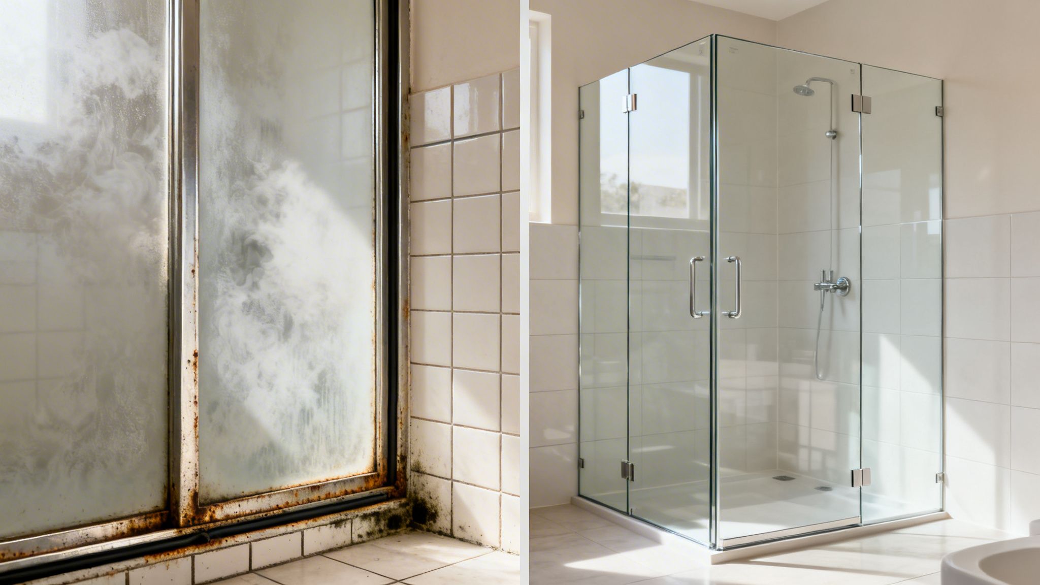 Before and after comparison of a shower showing a rusty, dirty shower replaced by a modern, clean glass enclosure.