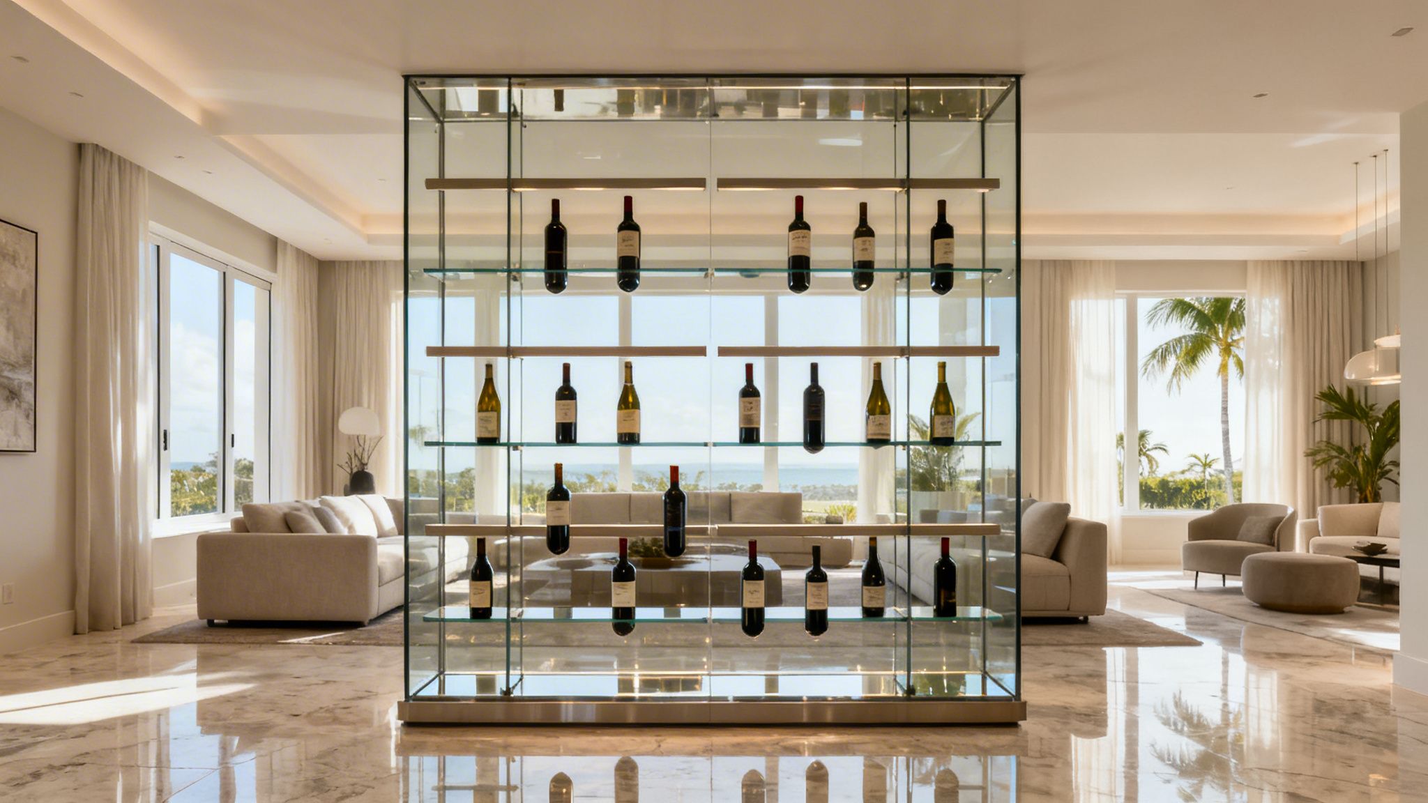 A modern, glass-enclosed wine cellar filled with bottles, set in a luxurious living room with a tropical view.
