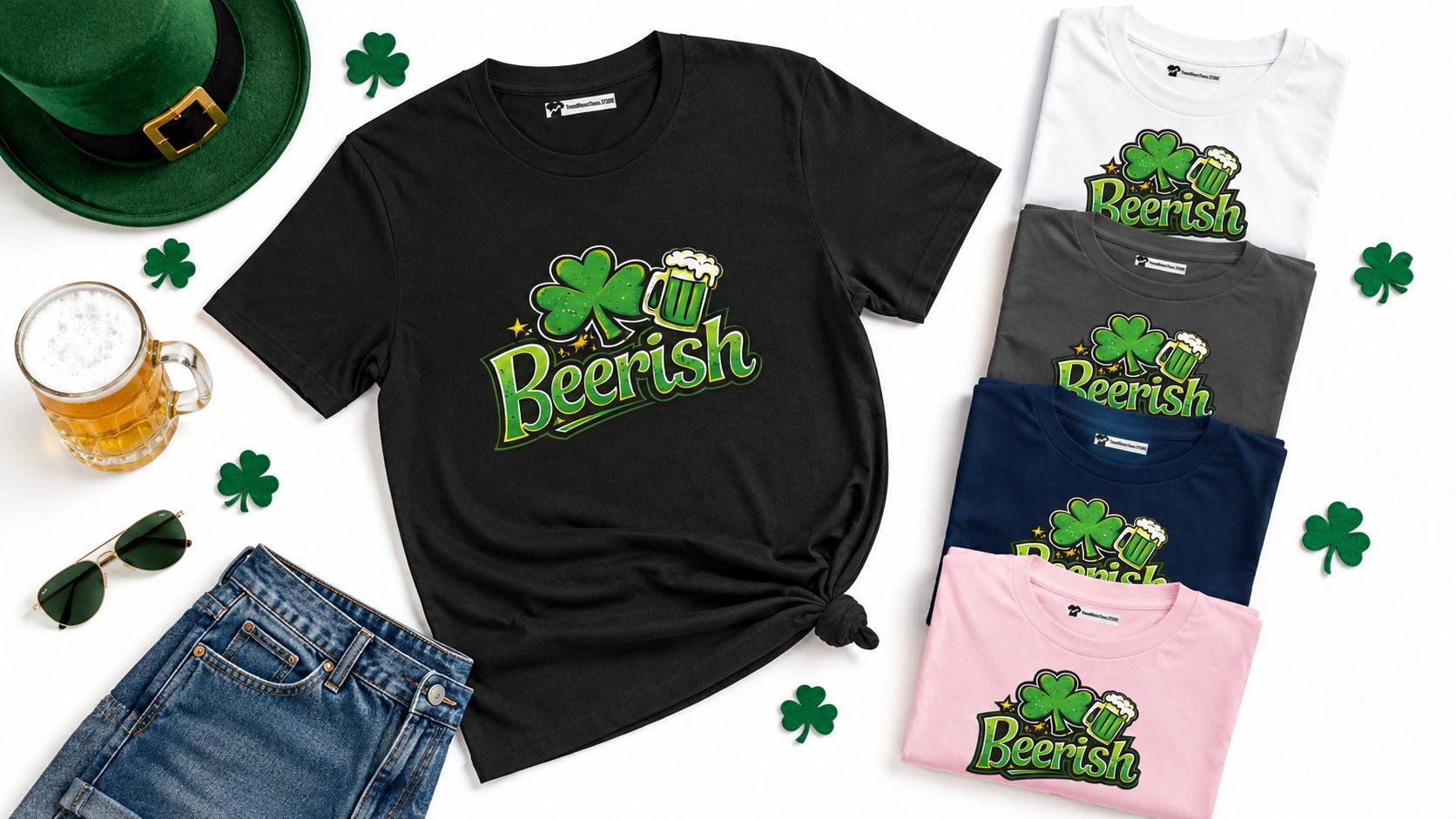 Lucky St. Patrick's Day Parade Outfit " Beerish Vibes Only " Funny Retro Irish Shamrock Graphic Tee