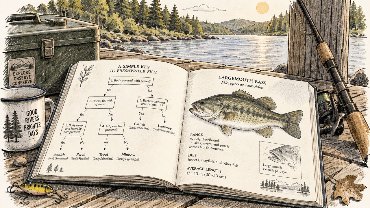 An open identification book for freshwater fish lying on a wooden pier next to fishing gear.