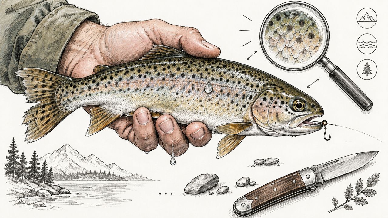 A detailed illustration of a person holding a trout, featuring a magnifying glass, landscape, and pocket knife.