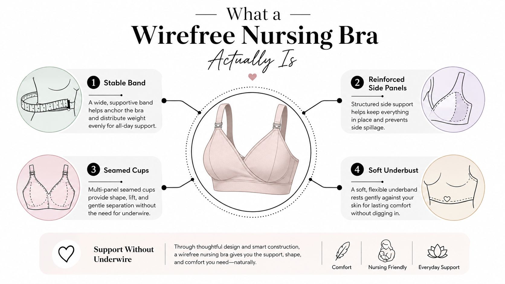 An infographic detailing the key design features and support benefits of a wirefree nursing bra for mothers.