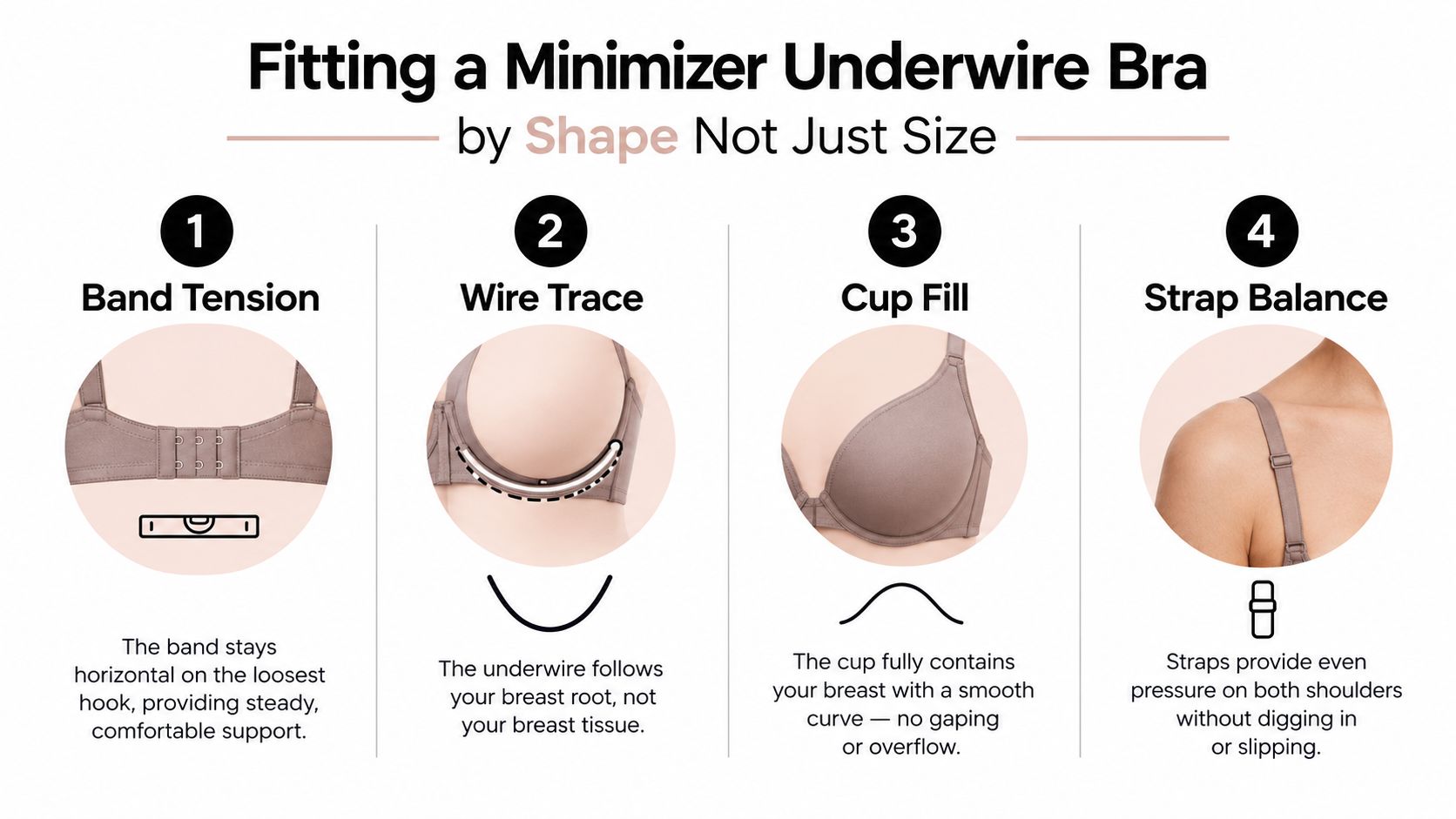 A guide for fitting a minimizer underwire bra showing band, wire, cup, and strap adjustments.