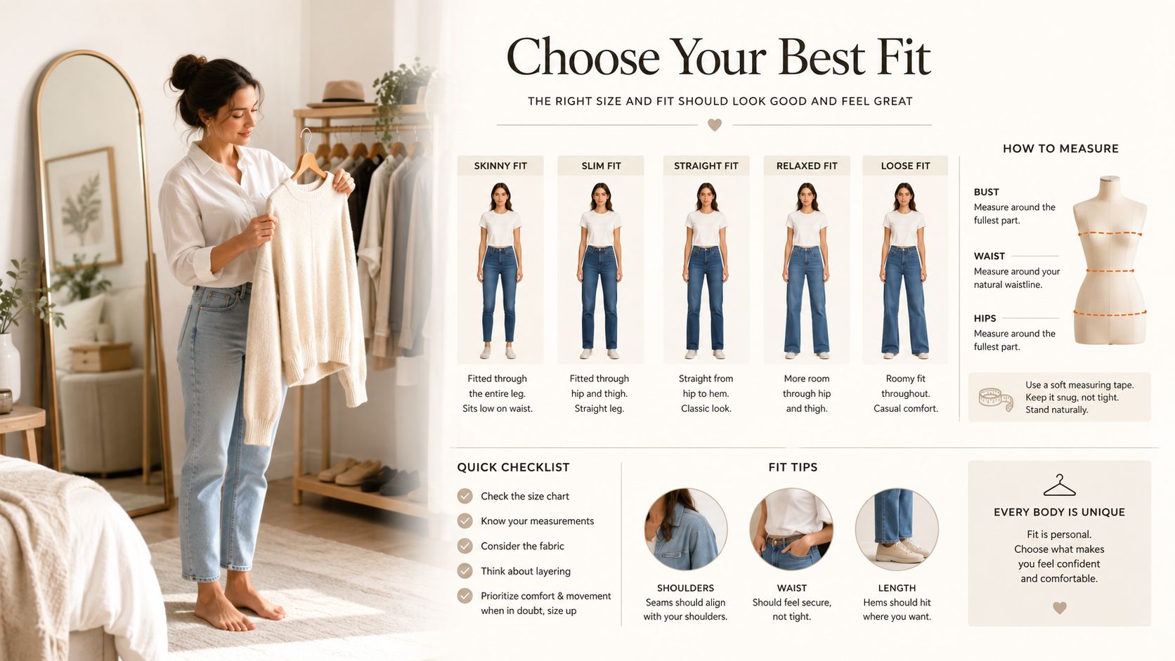 A woman choosing clothing while looking at a helpful infographic guide on denim fit and measurements.