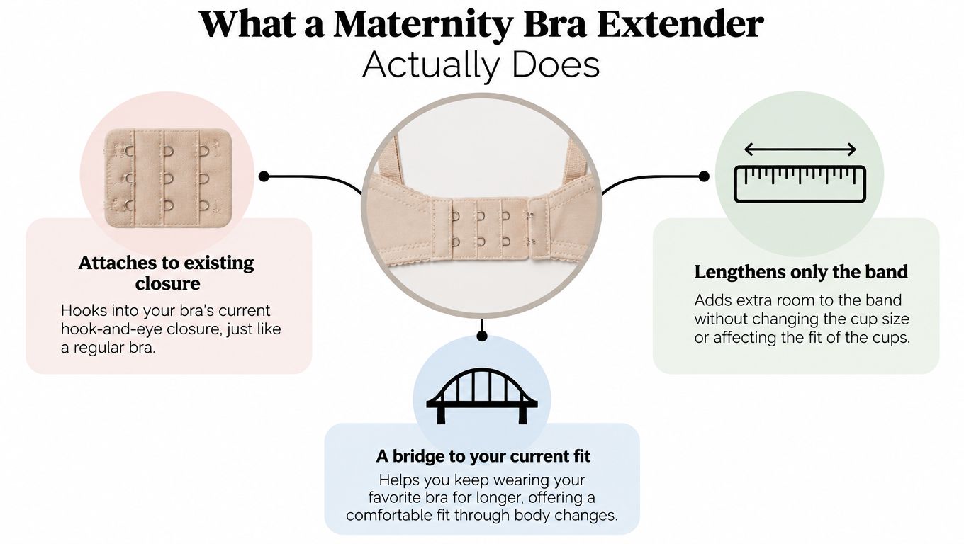 A diagram explaining how a maternity bra extender works to increase band size for a comfortable fit.