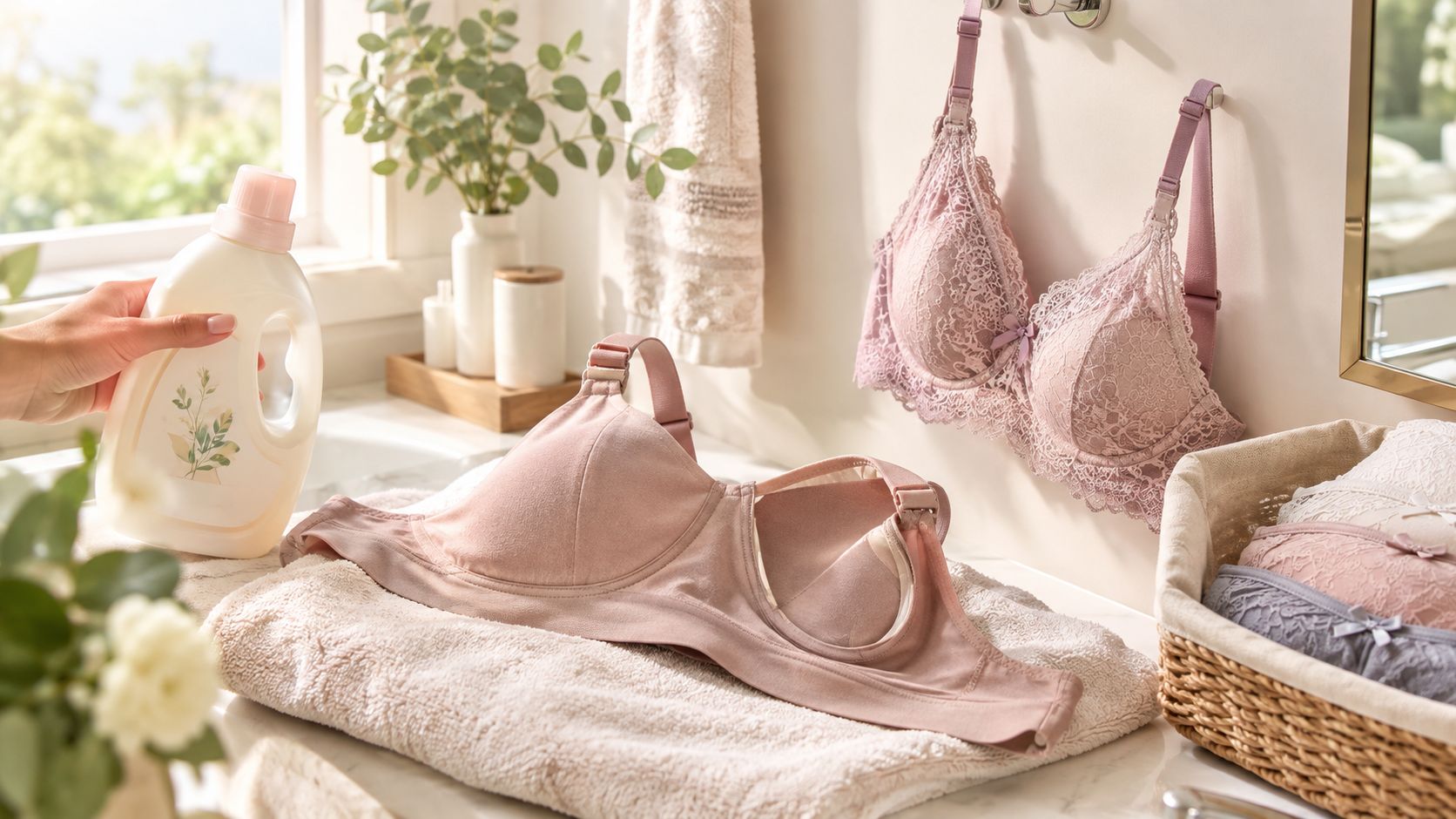 A hand holds detergent near a soft pink nursing bra on a towel with other bras nearby.