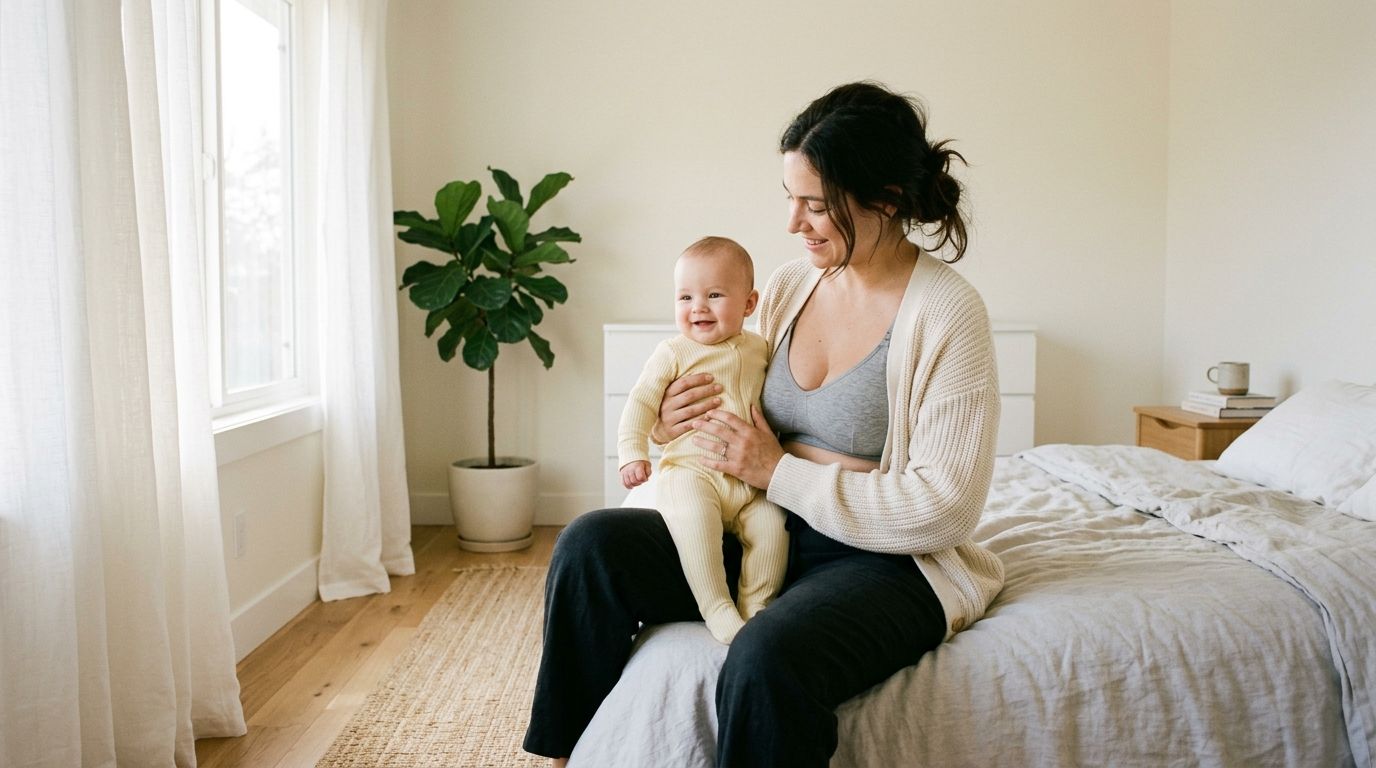 A smiling mother wearing a nursing bra and cardigan holds her happy baby while sitting on a bed.