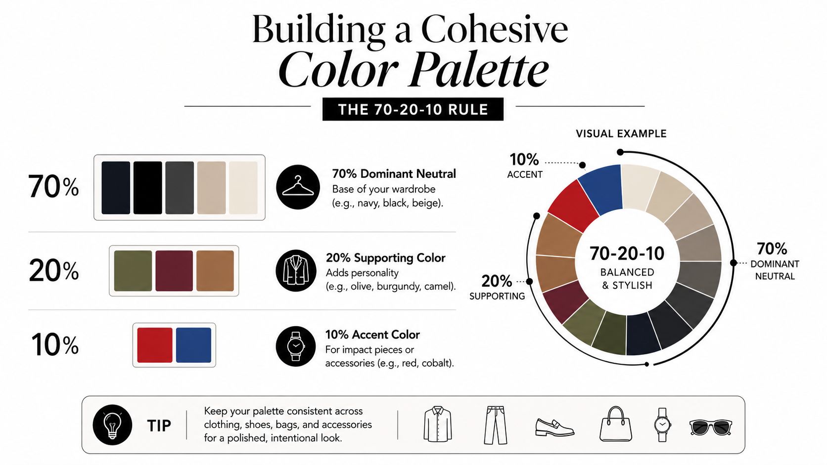 An infographic explaining the 70-20-10 rule for building a cohesive and balanced fashion color palette.