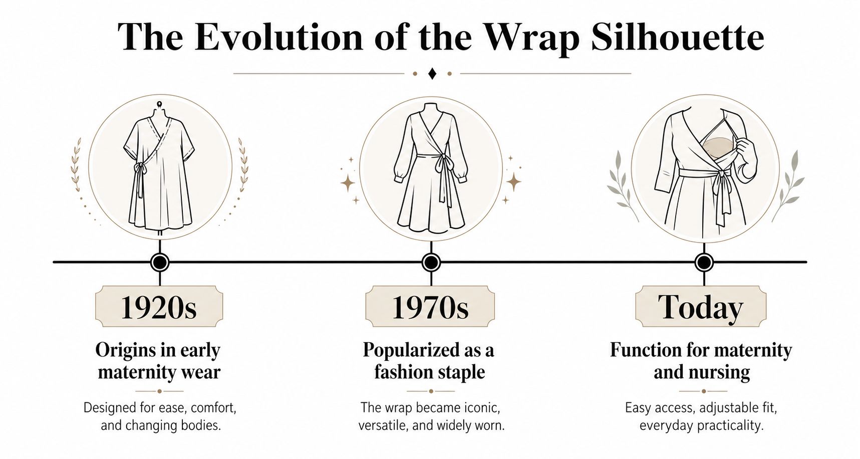 A timeline graphic showing the evolution of the wrap silhouette from 1920s maternity wear to modern nursing clothing.