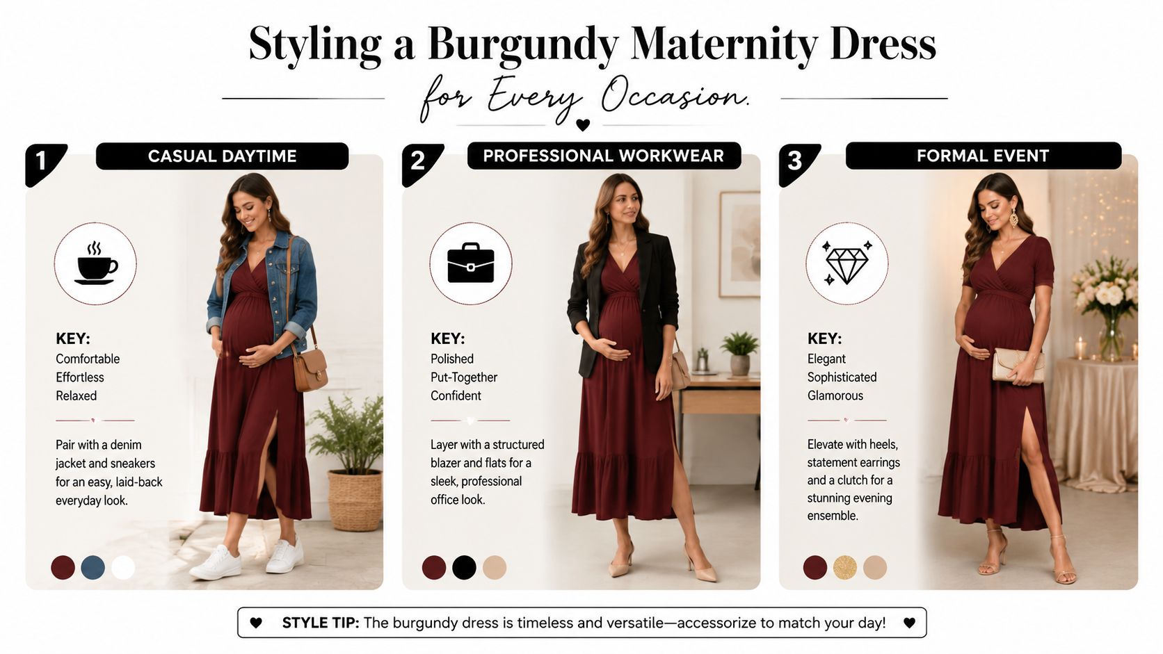 A styling guide showing three different ways to wear a burgundy maternity dress for various occasions.