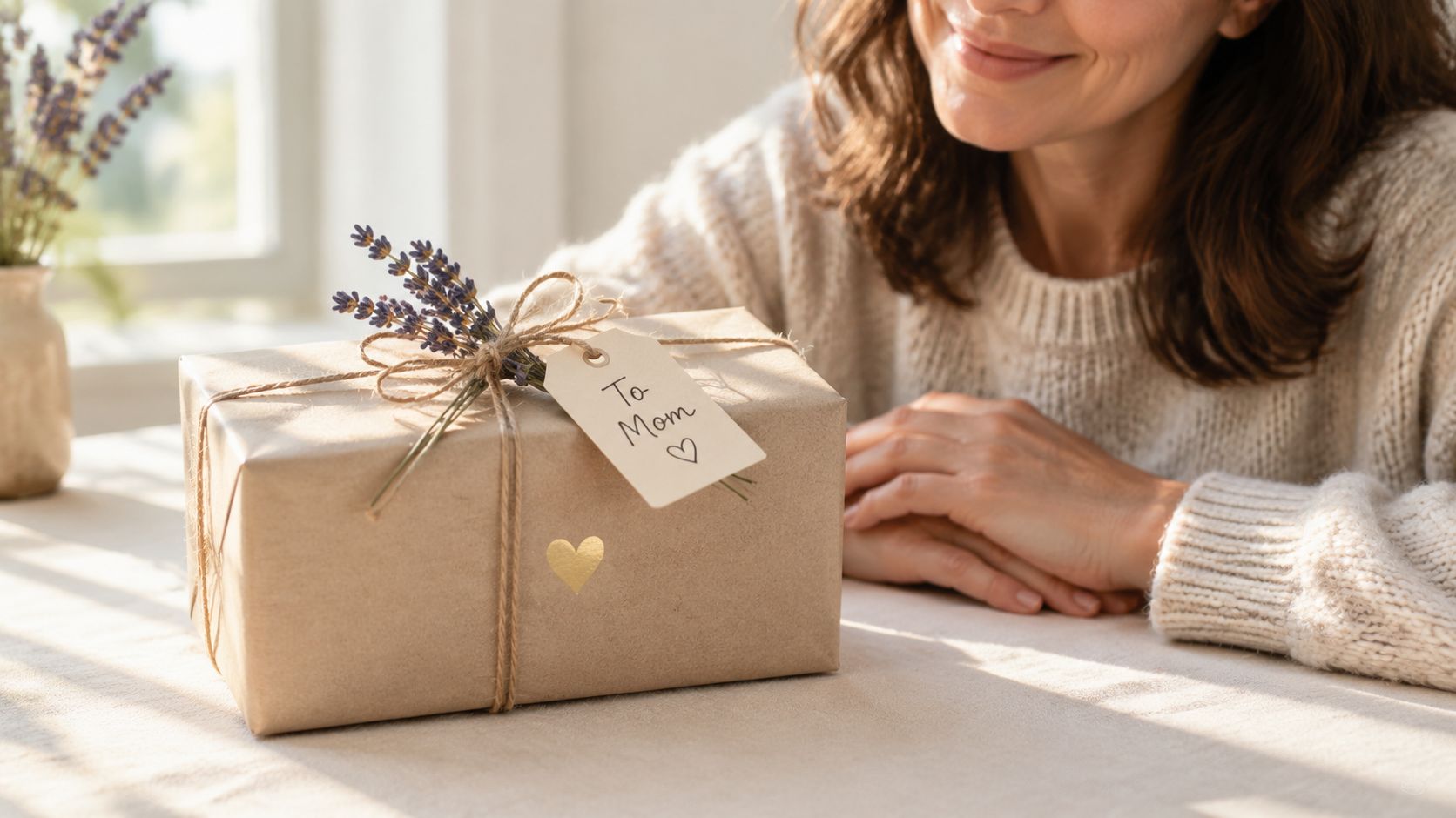 A woman smiling at a thoughtful wrapped gift on a table with lavender flowers and a tag.