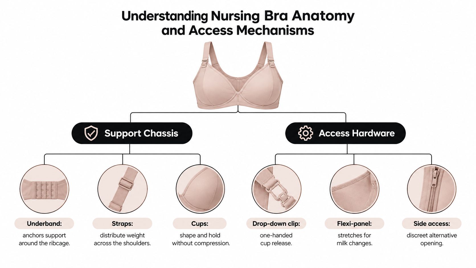 An educational infographic explaining the anatomy of a nursing bra, highlighting support features and access mechanisms.