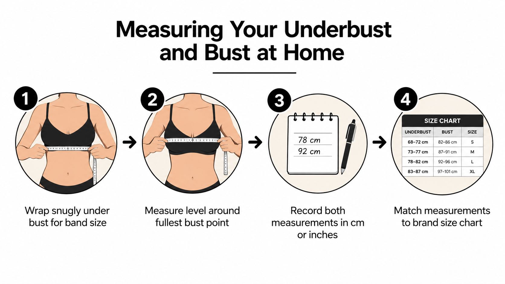 An infographic illustrating four simple steps to measure bust and underbust for determining bra size accurately.