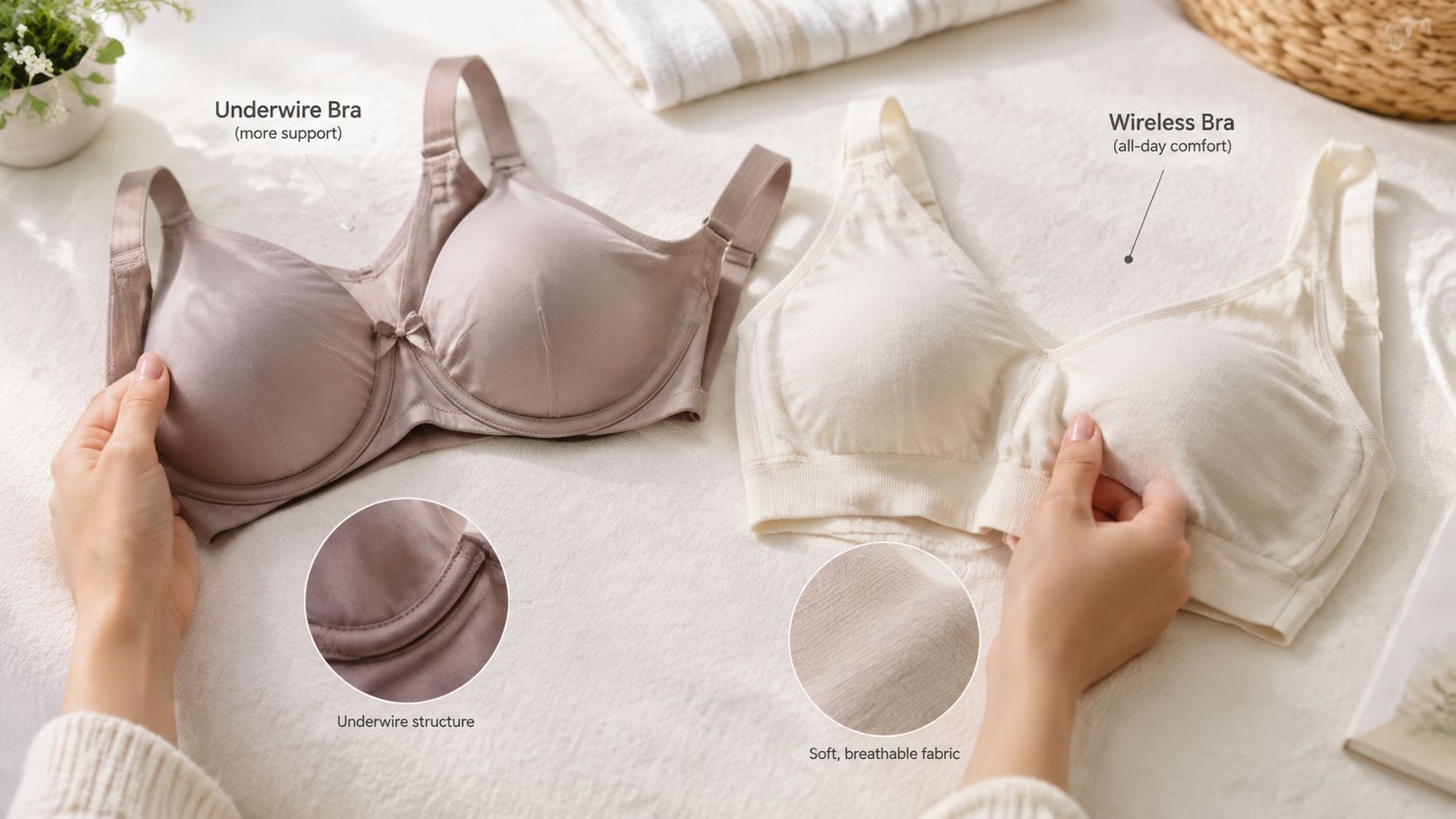 A woman's hands comparing an underwire bra with a wireless bra for comfort and support selection.