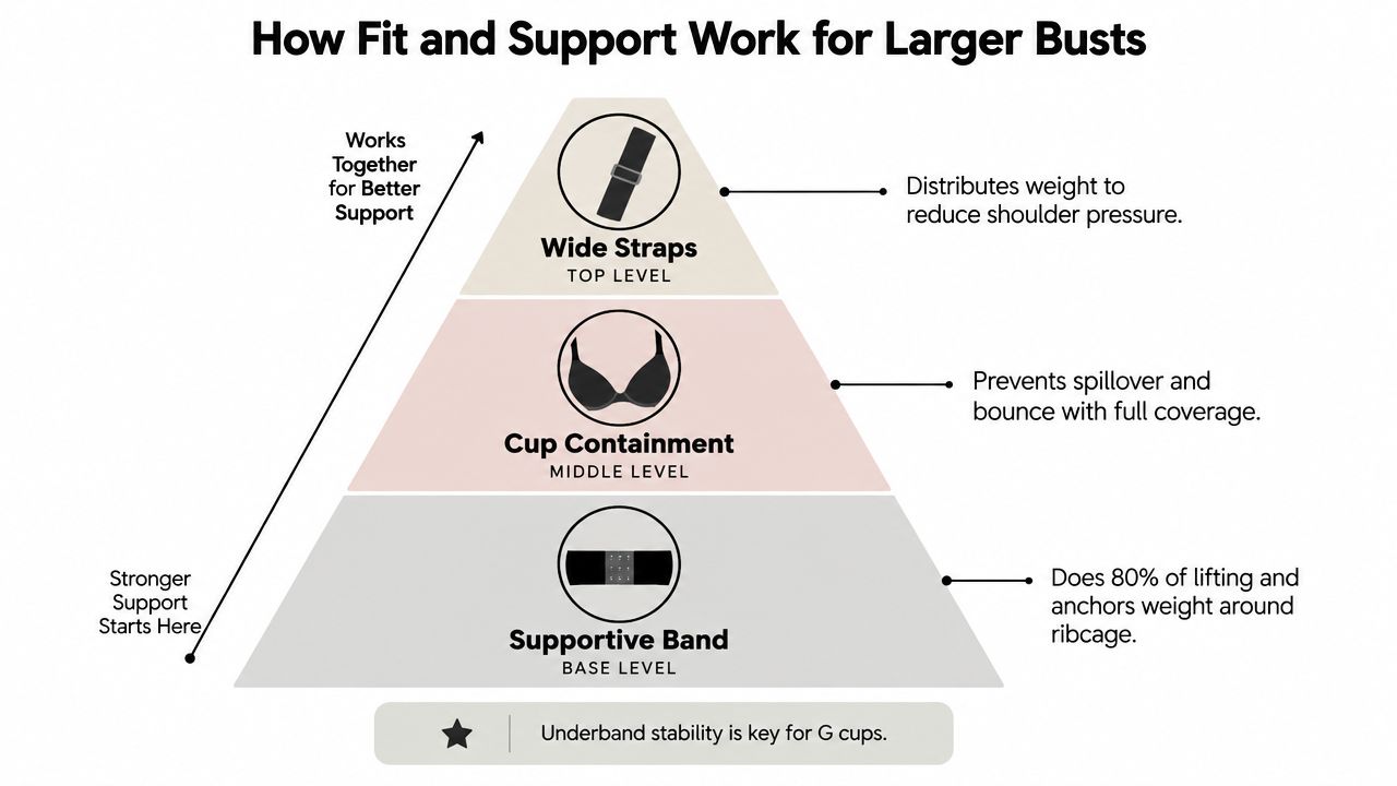 A diagram explaining how fit and support function for larger busts using a three-level support pyramid.