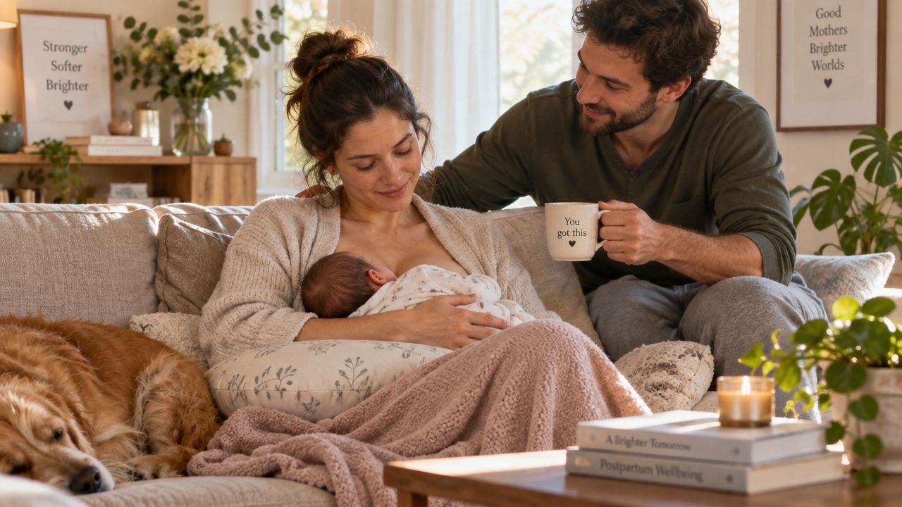 A nurturing father supports his wife as she breastfeeds their newborn baby on a cozy living room sofa.