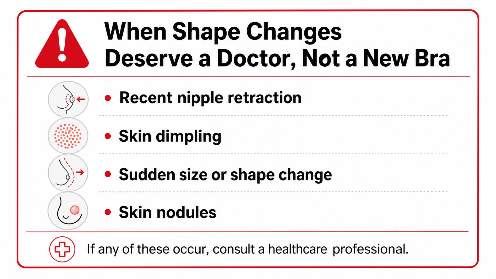 An infographic showing warning signs of breast health changes that require a consultation with a doctor.