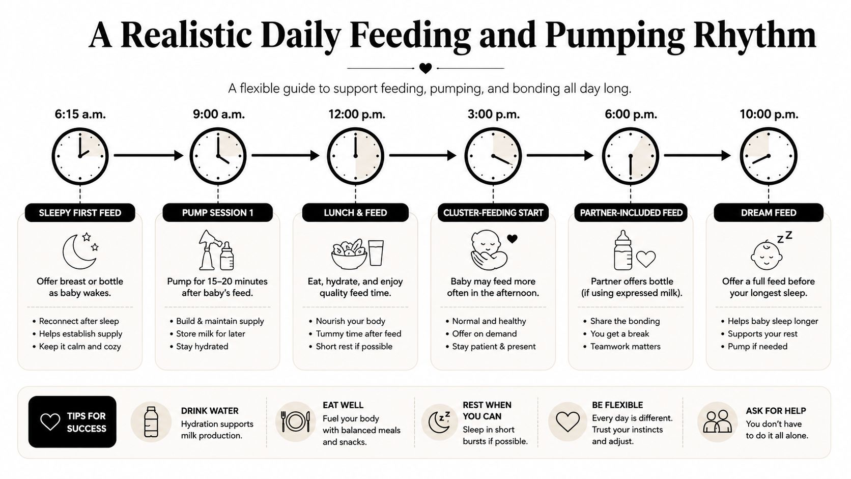 A visual guide outlining a daily rhythm for breastfeeding, pumping sessions, and baby feeding schedules.