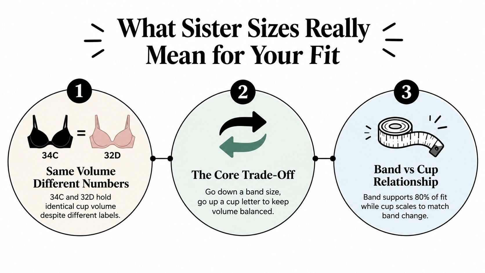 An infographic explaining how bra sister sizes work, showing volume, core trade-offs, and band-to-cup relationships.