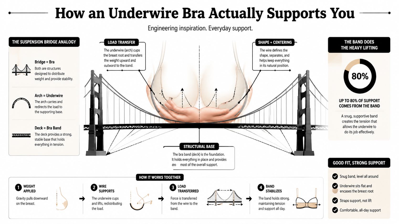 An infographic showing how an underwire bra functions, using a suspension bridge analogy to explain breast support.