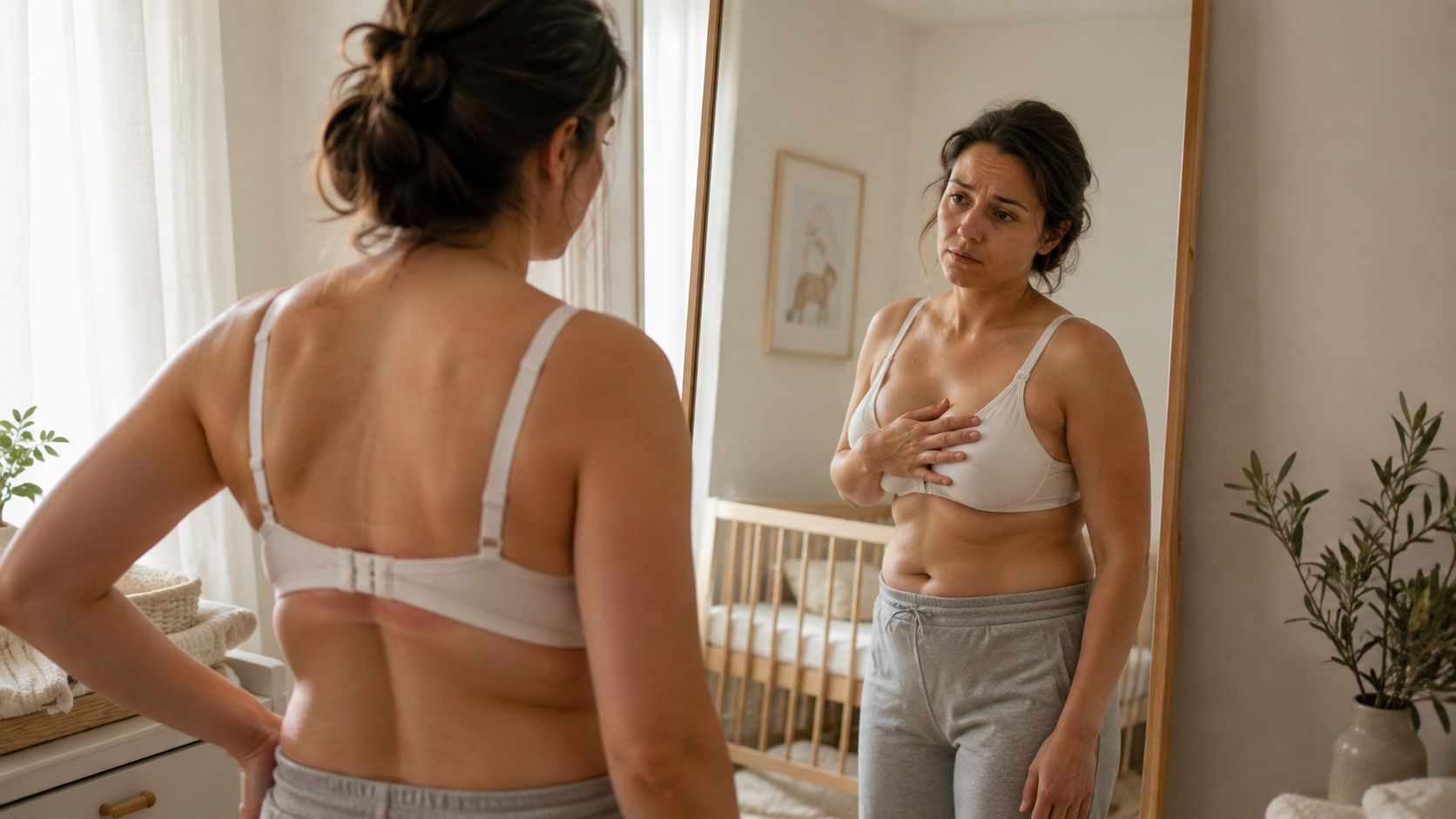 A woman looks at her body and reflection in a mirror, focusing on postpartum self-care and body acceptance.