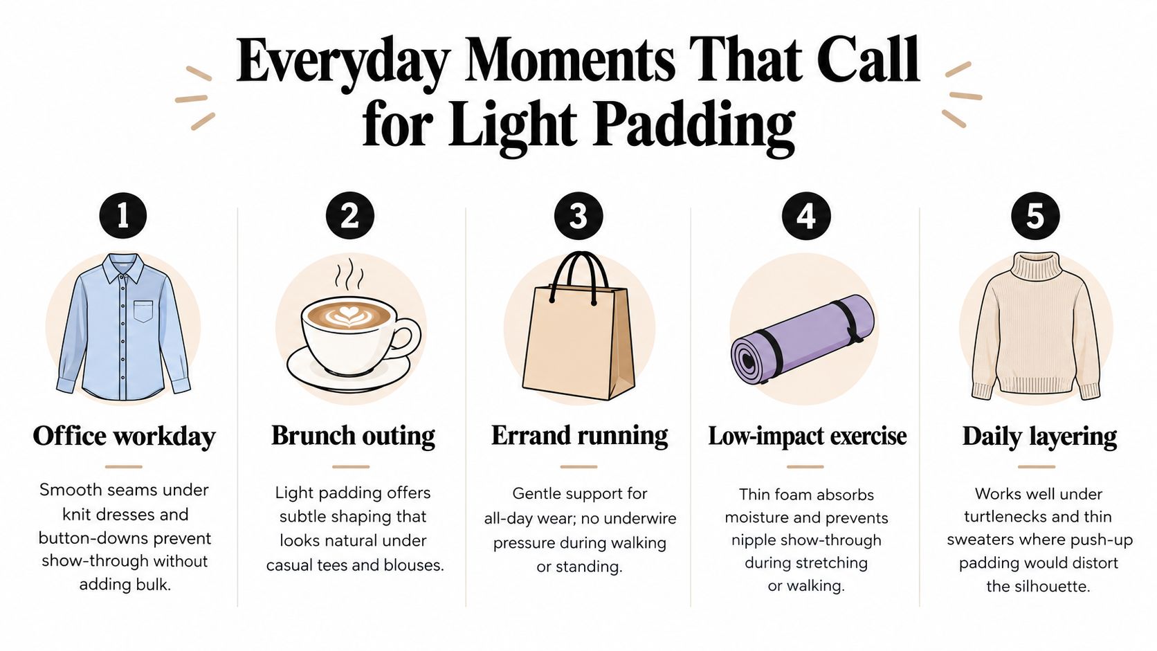 An infographic illustrating five everyday scenarios where wearing a lightly padded bra is recommended for comfort.