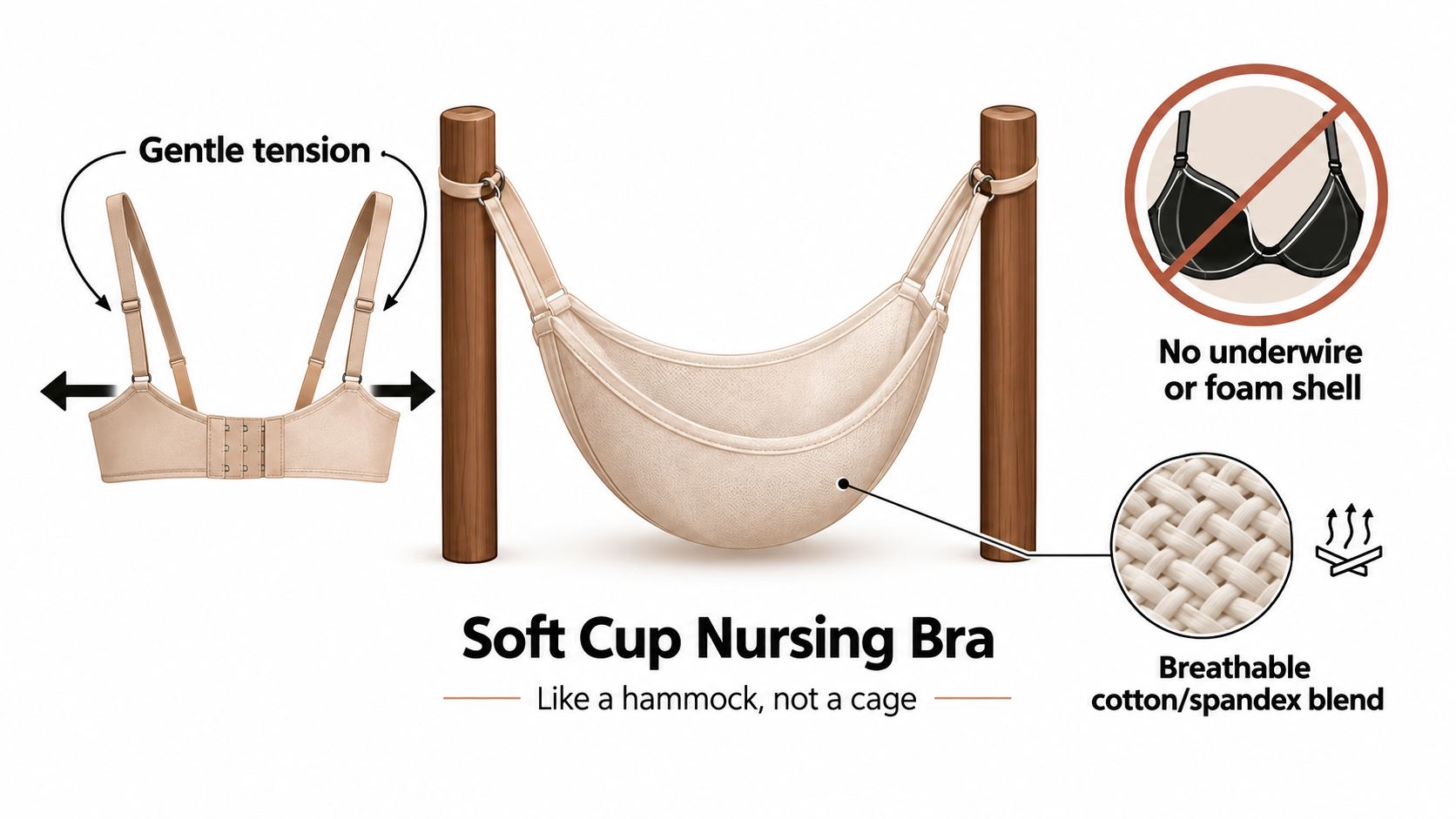 An educational illustration explaining the design of a comfortable, wire-free soft cup nursing bra.