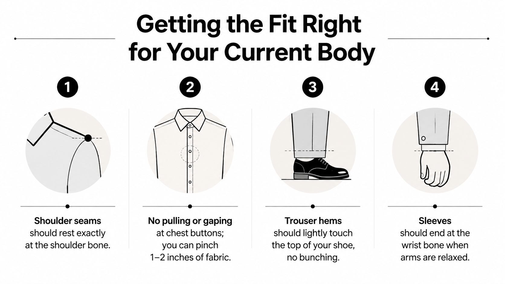A four-step infographic explaining how to achieve the perfect clothing fit for shoulder seams, buttons, trousers, and sleeves.