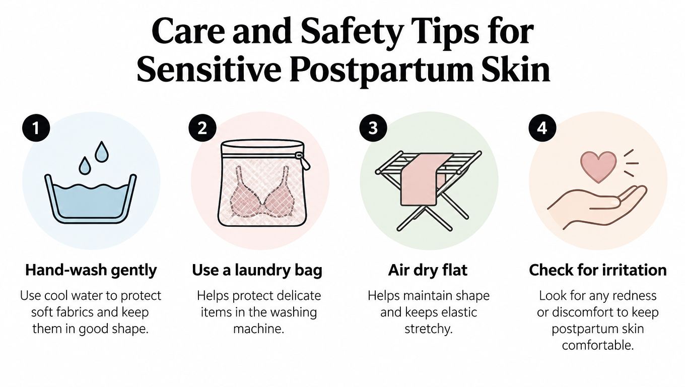 An infographic showing four essential care and safety tips for maintaining delicate maternity and postpartum intimate apparel.