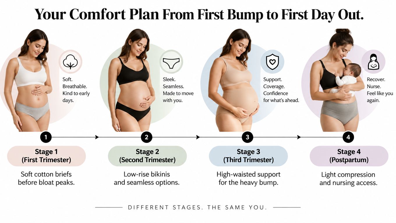 A four-stage guide illustrating comfortable underwear options for every stage of pregnancy and postpartum recovery.