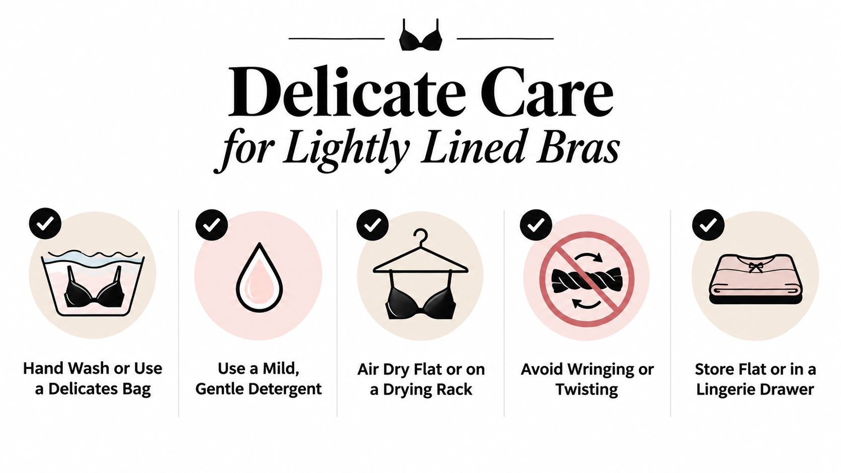 An instructional graphic on delicate care for lightly lined bras with five essential tips and icons.