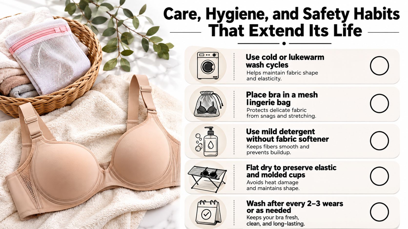 A list of five essential care, hygiene, and safety tips for extending the lifespan of a bra.