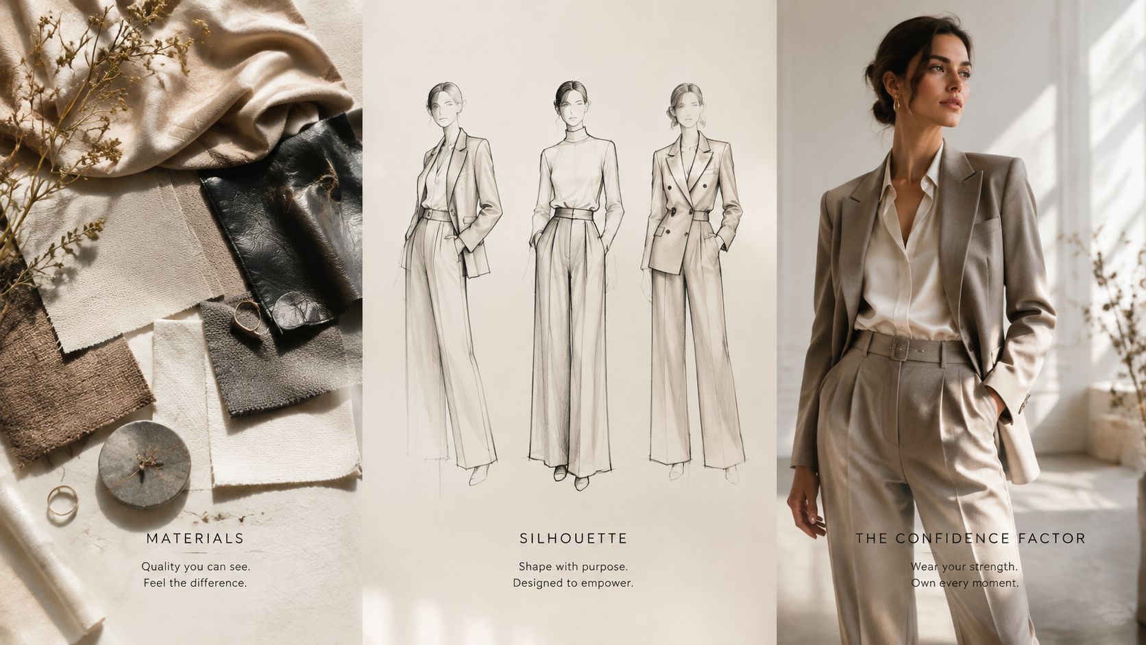 A fashion design presentation showing fabric swatches, sketches of women's suits, and a model in a tailored suit.