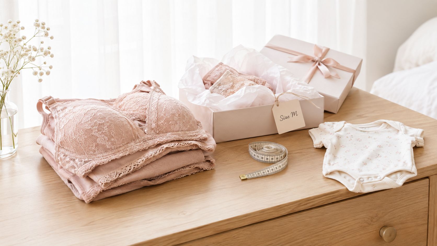 A stack of pink lace nursing bras next to a gift box and baby clothing on a dresser.