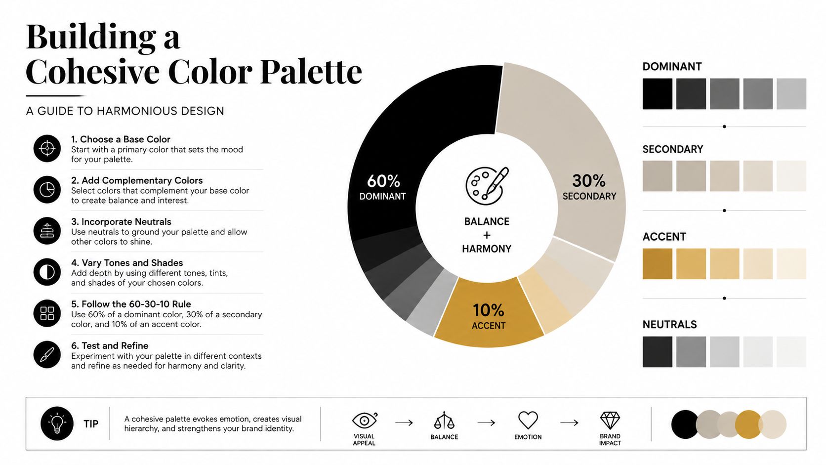 A graphic showing how to build a cohesive color palette using the 60-30-10 design rule.