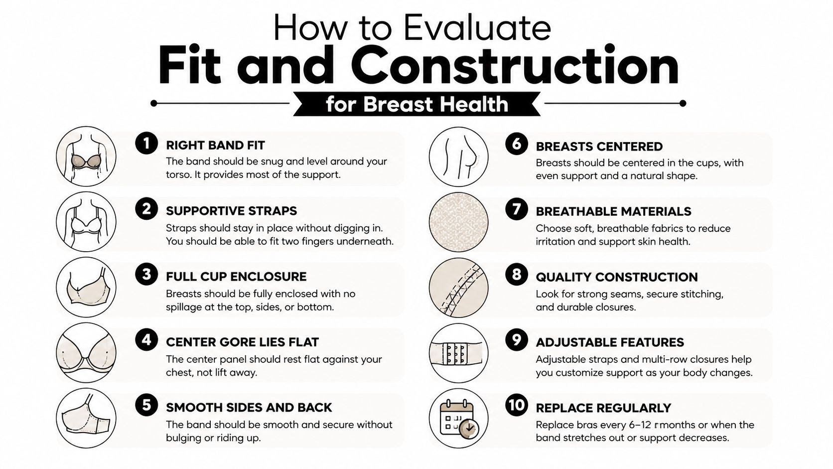 A 10-point checklist guide illustrating proper bra fit and construction for supporting breast health.