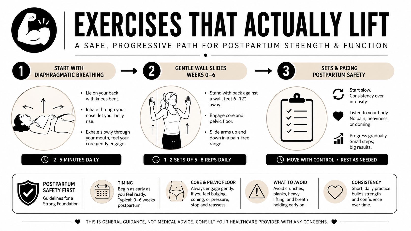 An infographic detailing safe, progressive postpartum exercises including diaphragmatic breathing and wall slides for new mothers.