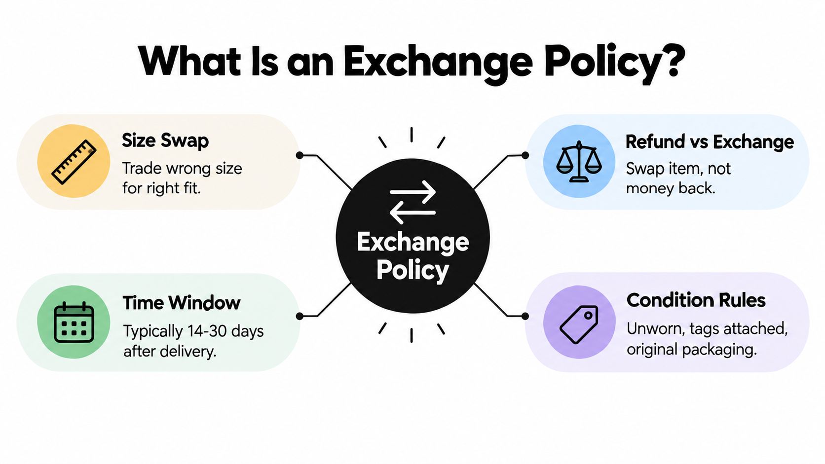 An infographic titled What Is an Exchange Policy illustrating key concepts like size swaps and time windows.