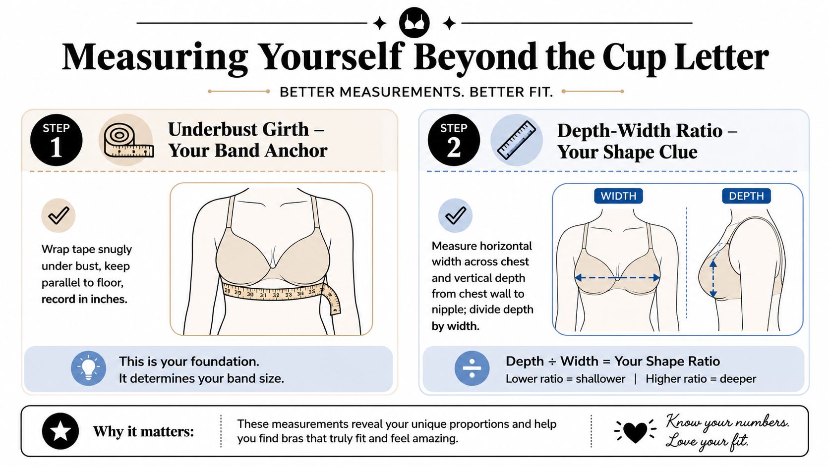 An infographic explaining how to measure breast shape and underbust size for a better bra fit.