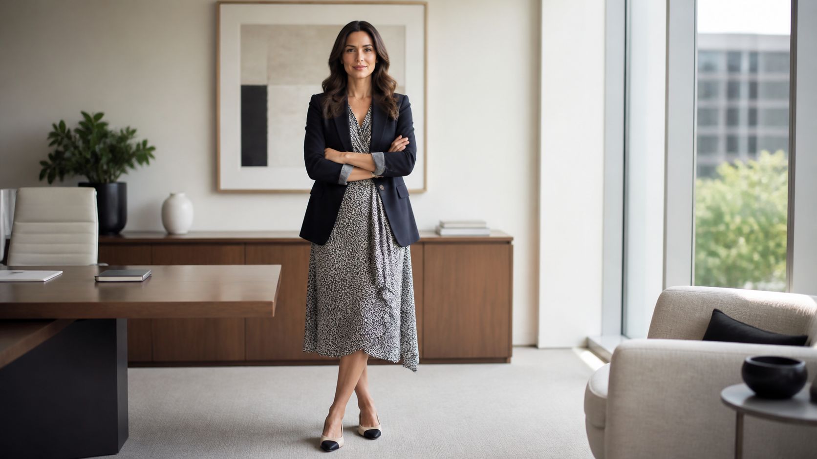 A professional woman wearing a wrap dress and blazer stands confidently in a modern, well-lit office.