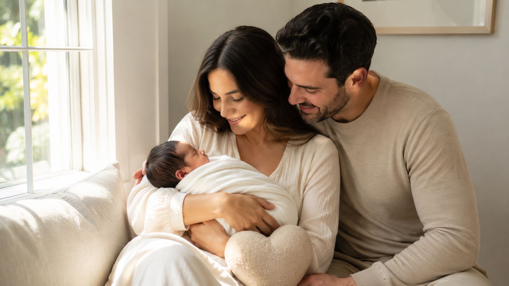 A loving couple cradling their newborn baby in a white swaddle while sitting by a window.