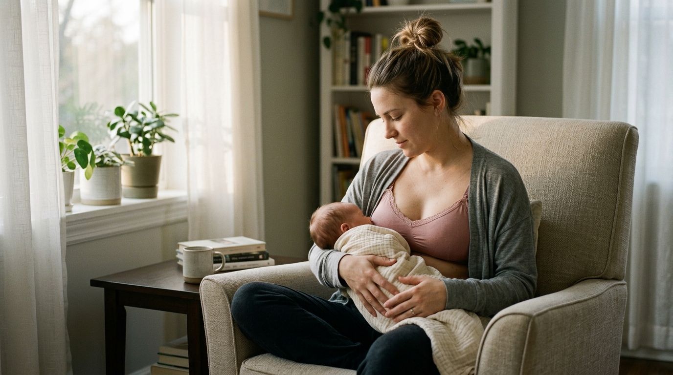 A woman wearing a mauve balconette nursing bra sitting in a cozy armchair holding her newborn baby.