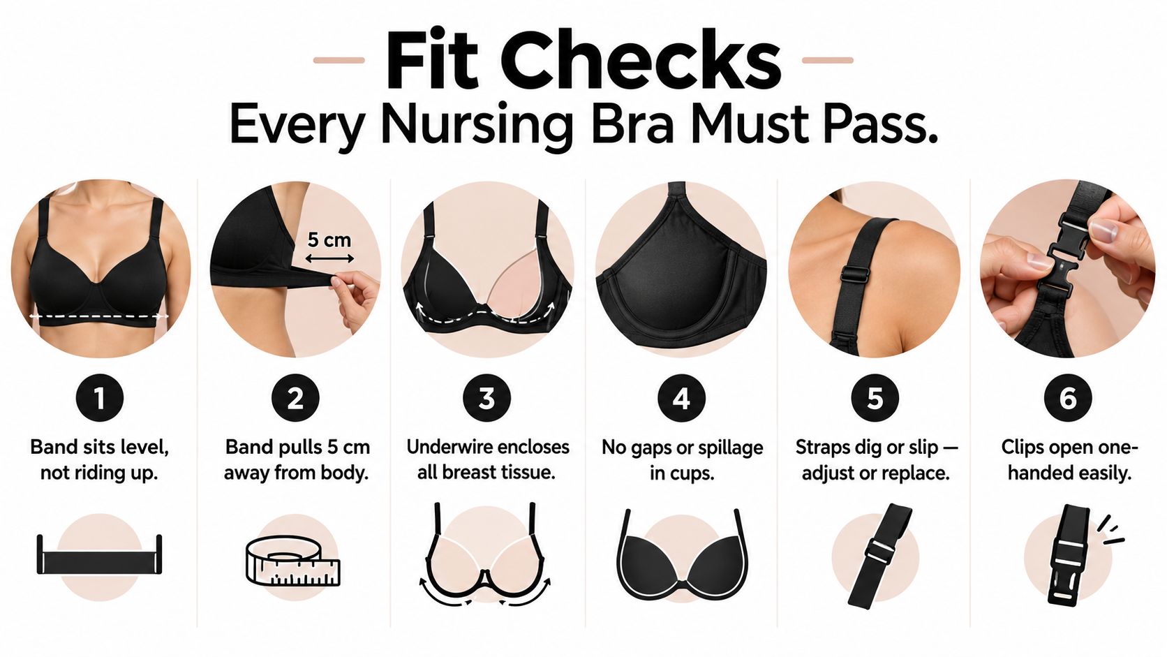 A six-step visual guide for checking the fit of a nursing bra for breastfeeding comfort.