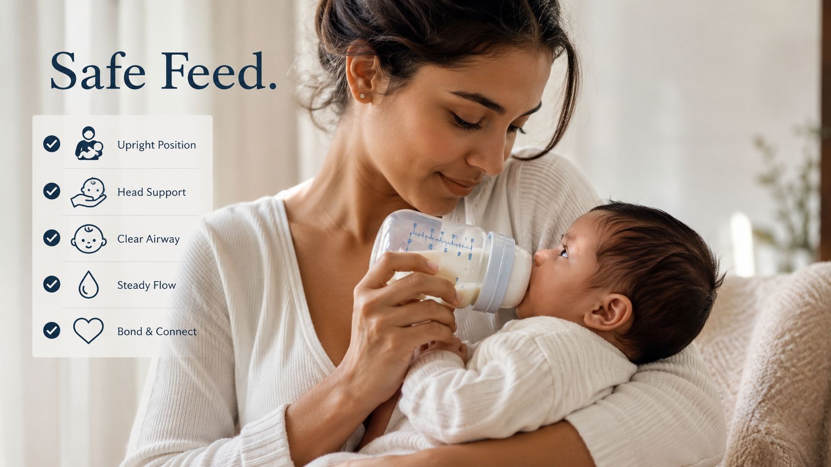 A mother gently bottle-feeding her baby while sitting, emphasizing safe feeding practices and comfortable positioning.