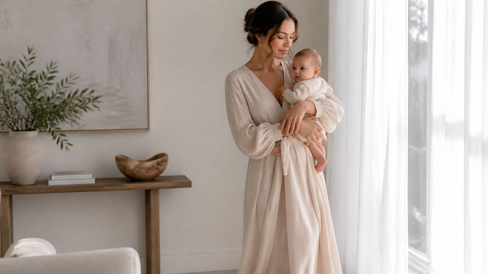 A gentle mother in a flowing cream wrap dress cradles her peaceful infant near a sunlit window.