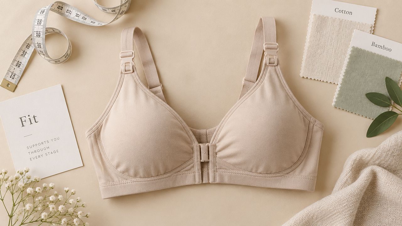 A beige maternity nursing bra displayed flat on a surface with a tape measure and fabric swatches.