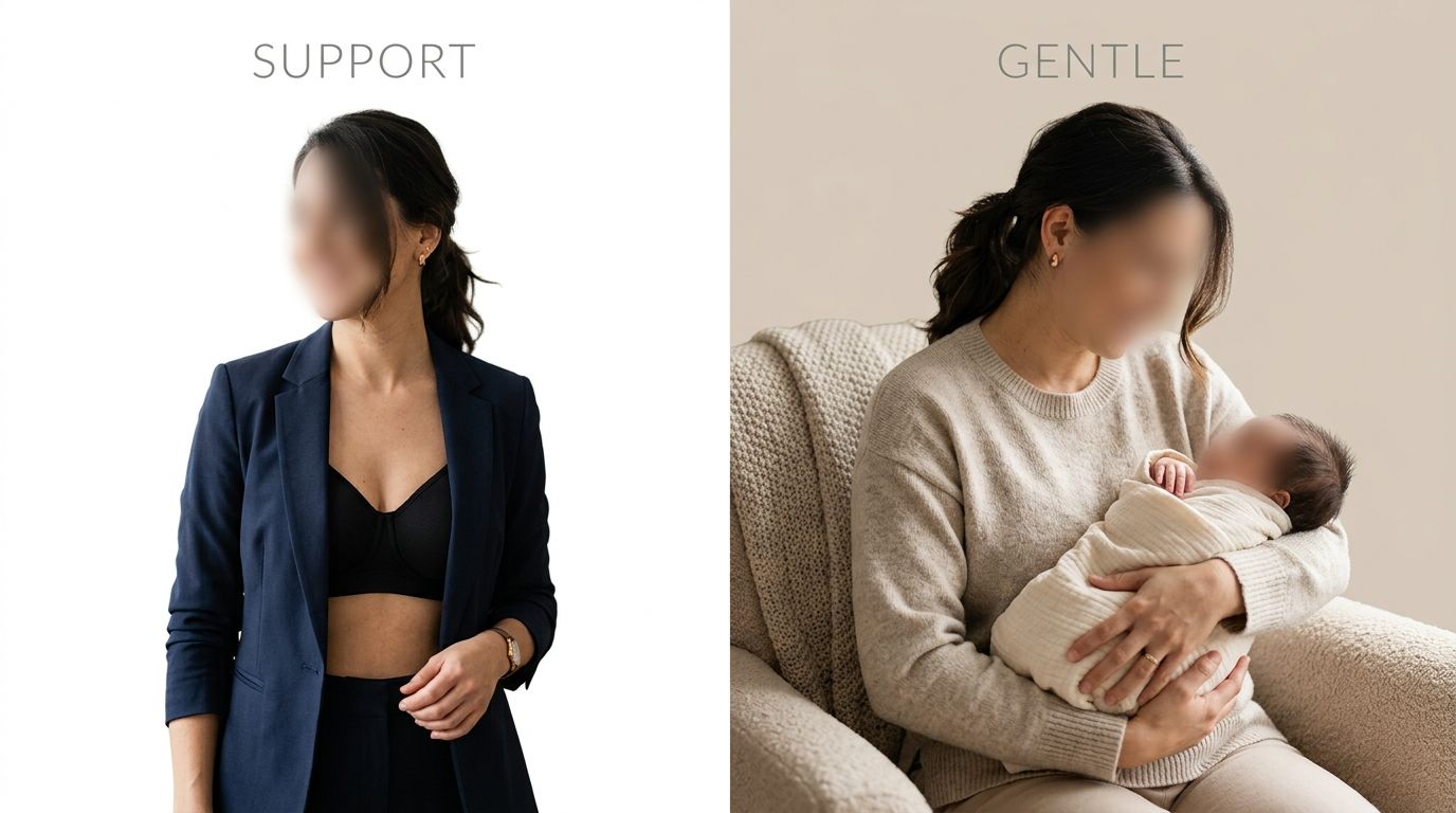 A split image showing a woman in a nursing bra versus holding a swaddled newborn baby.
