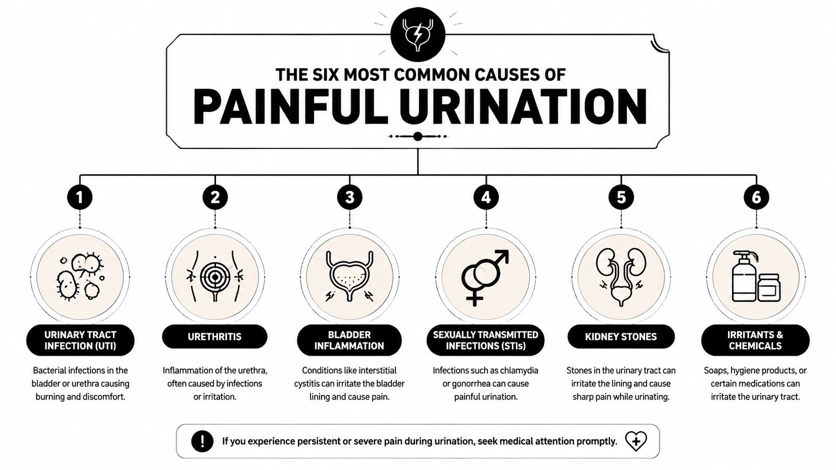 An infographic illustrating six common causes of painful urination, including infections, inflammation, kidney stones, and chemical irritants.