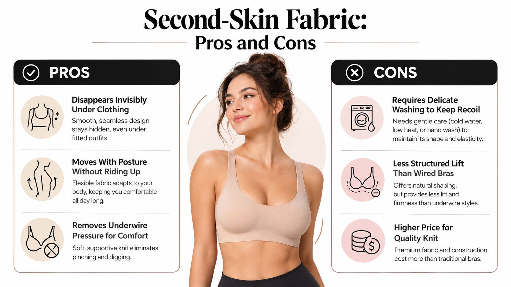 An infographic comparing the pros and cons of second-skin fabric bras worn by a smiling woman.